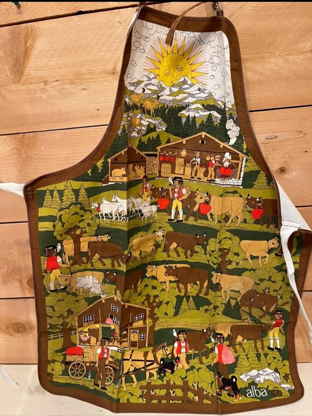 Vintage 70s Switzerland Fisba Stoffels Apron Country Farmhouse Alps Folk Art